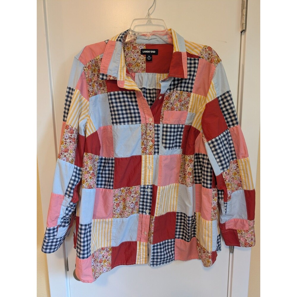 Lands End Patchwork Button Up Shirt 2X Gingham Cottagecore Boho Festival Western